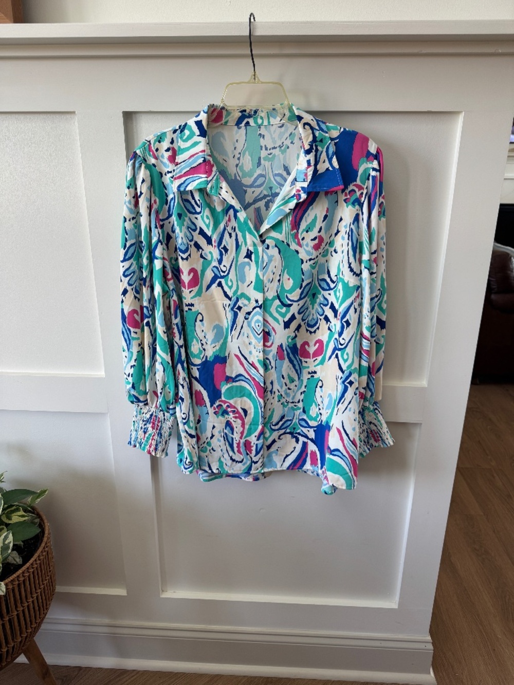 Green Blue Pink Paisley Print Smocked Cuff Blouse